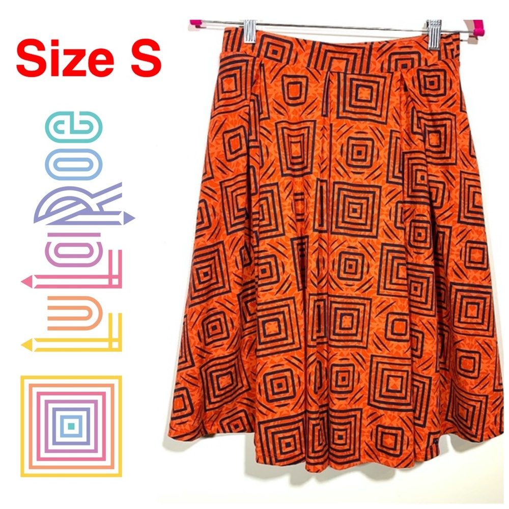 LuLaroe Skirt Orange Blue Square Print Size S